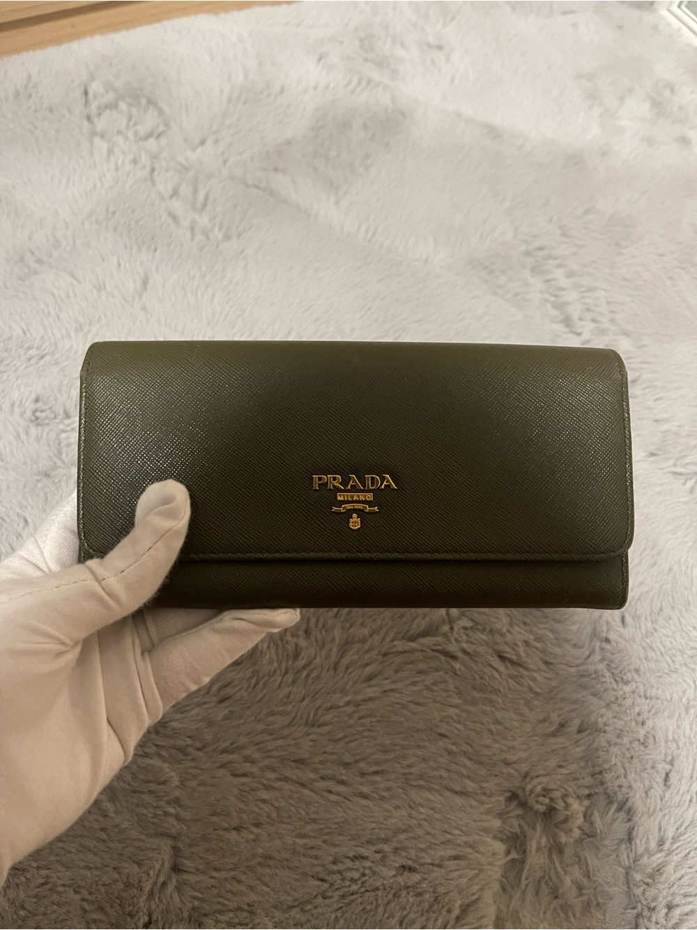 Prada Saffiano Continental Wallet in Olive with Gold Hardware